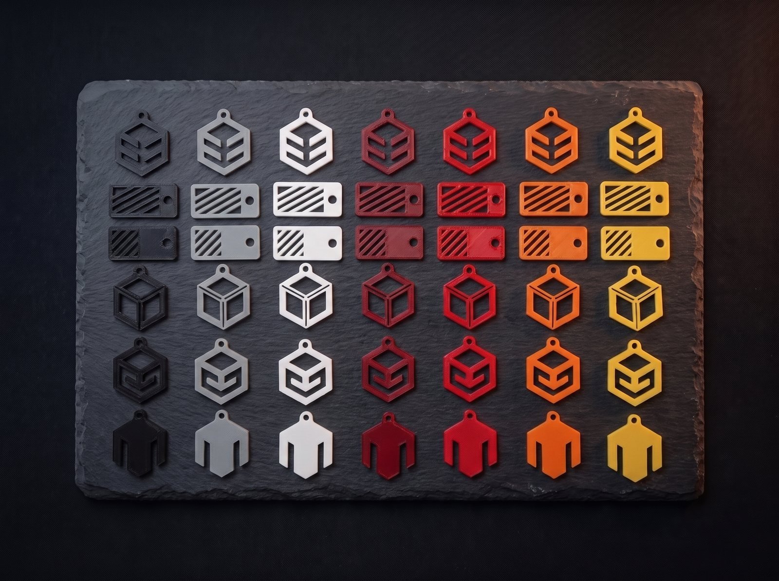 Sada 3D tištěných klíčenek AdVoxel v celé barevné škále na břidlicové desce